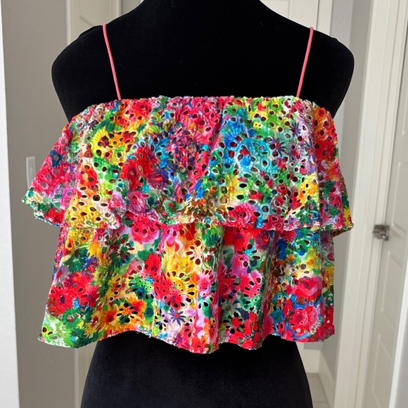 Alice + Olivia Tops - Alice + Olivia Multi-Color Floral Eyelet Ruffle Crop Tube Top Size 0 NWT